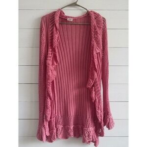 No Boundaries Pink Crochet Ruffle Open Front Cardigan Sweater Boho Y2K Size M